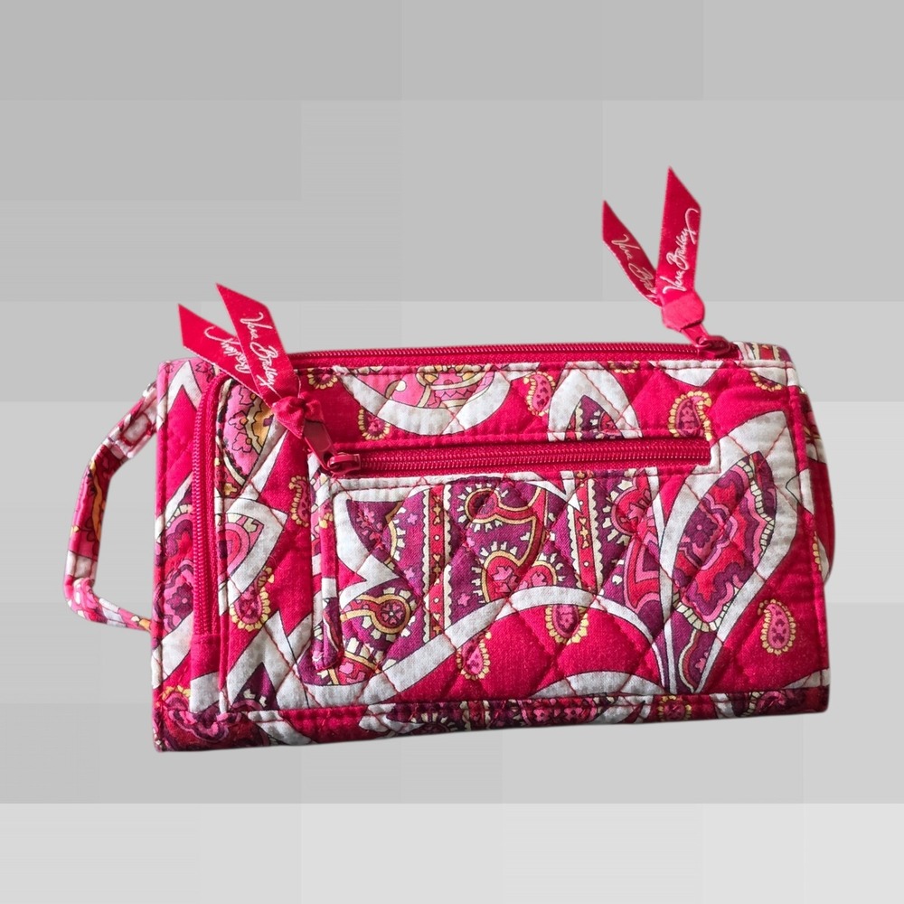 Vera Bradley All in One Crossbody Wallet & Wristlet Rosy Posies Red Pink Paisley